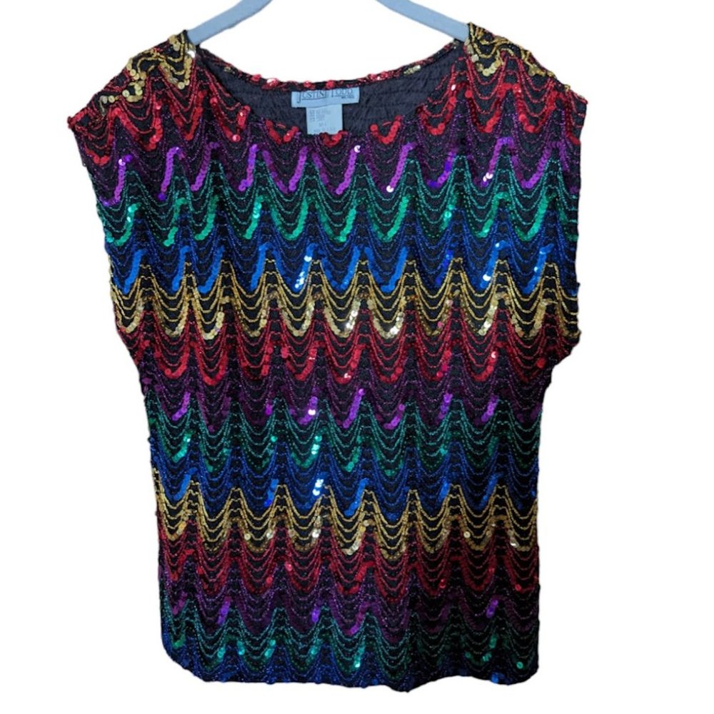 Rainbow Sequin Justine Todd Short Sleeve Shirt Blouse Top Women's sz Medium